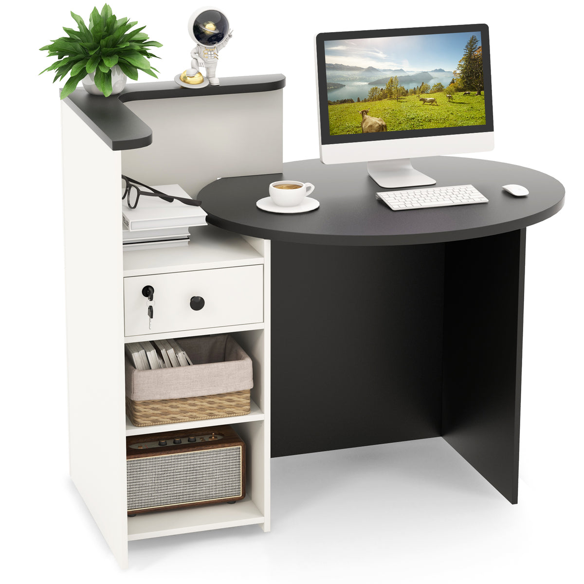 The office desk with a computer, plant, and radio on its shelves and surface
