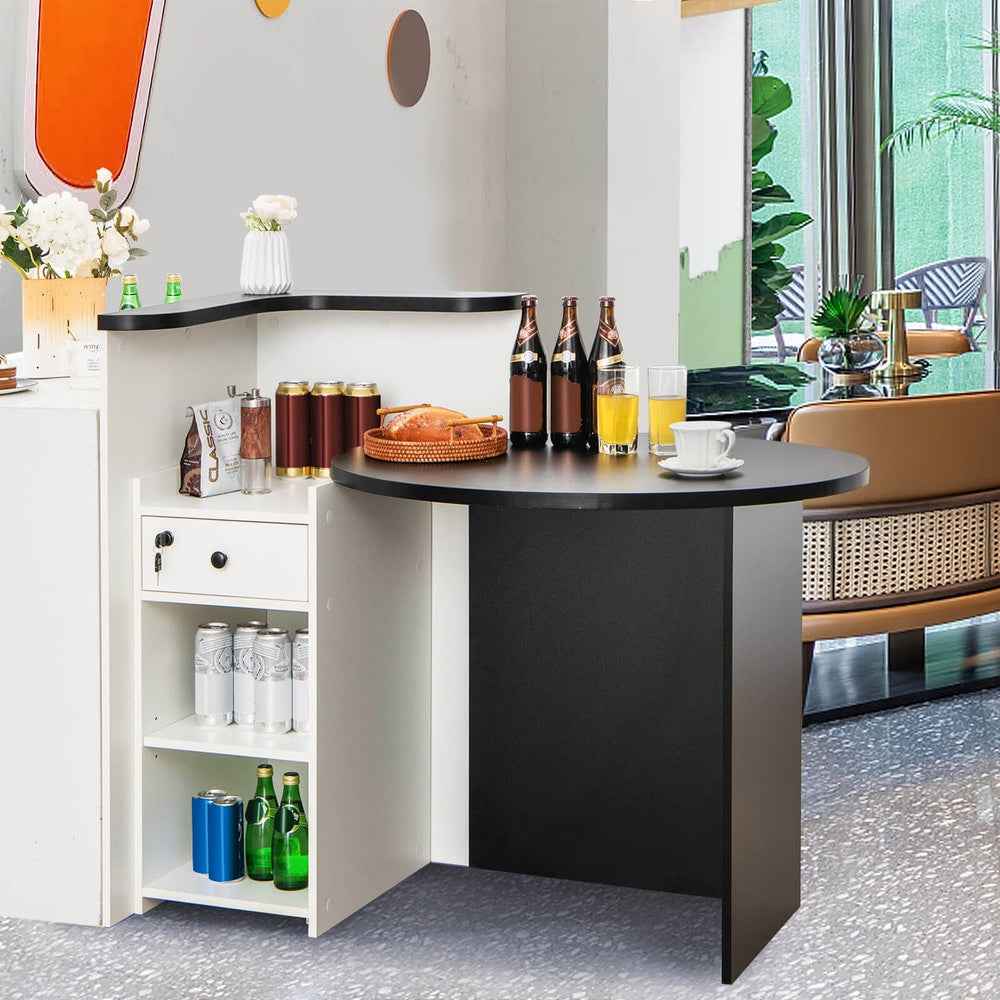 Corner reception desk with drinks and snacks on the counter, in a cafe setting