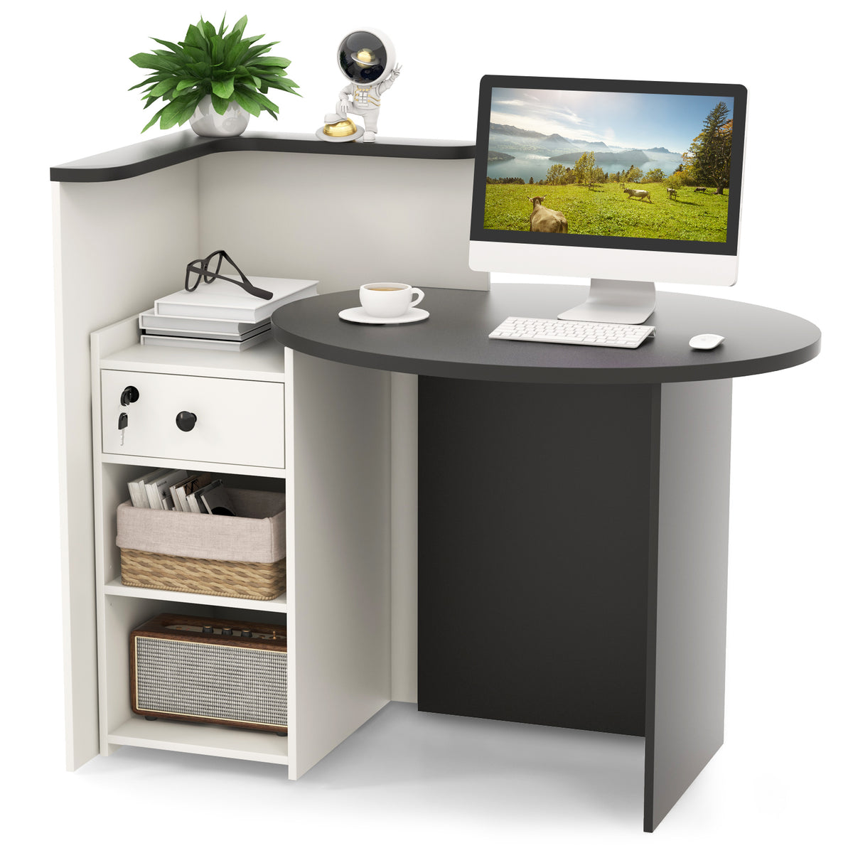 Reception counter desk with a computer, plant, and coffee cup on the surface