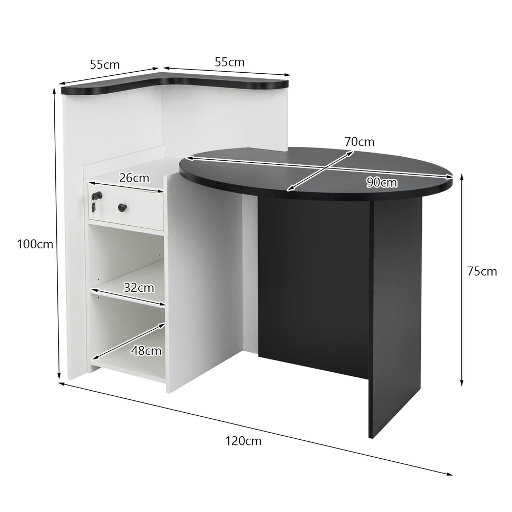 Office desk with dimensions shown in centimetres, black and white