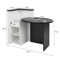 Office desk with dimensions shown in centimetres, black and white