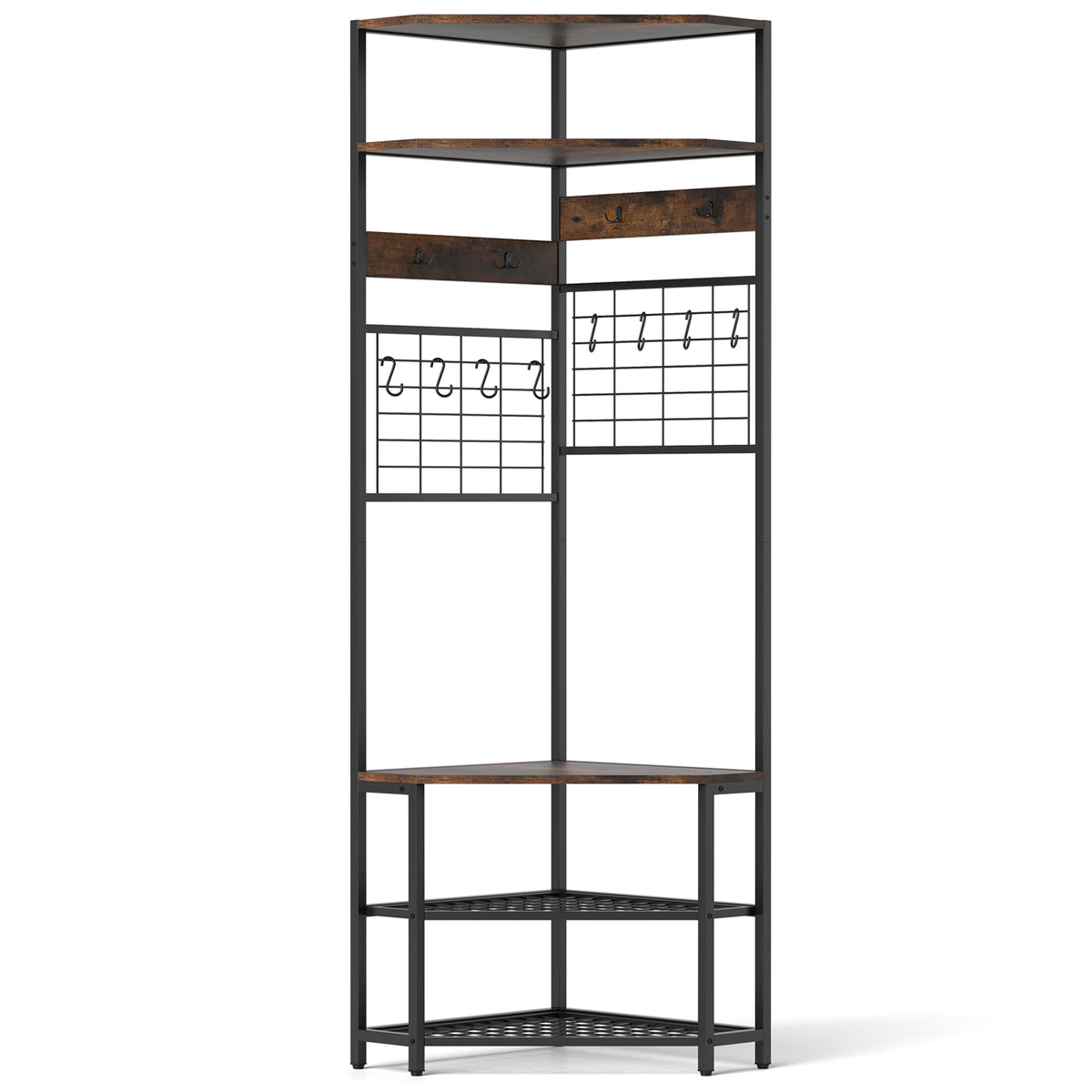 Corner Hall Tree 5-Tier Coat Rack with Shoe Storage Bench-Rustic Brown
