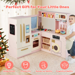 Corner Kitchen Playset with Large Fridge for Toddlers 3+ Years Old-Pink