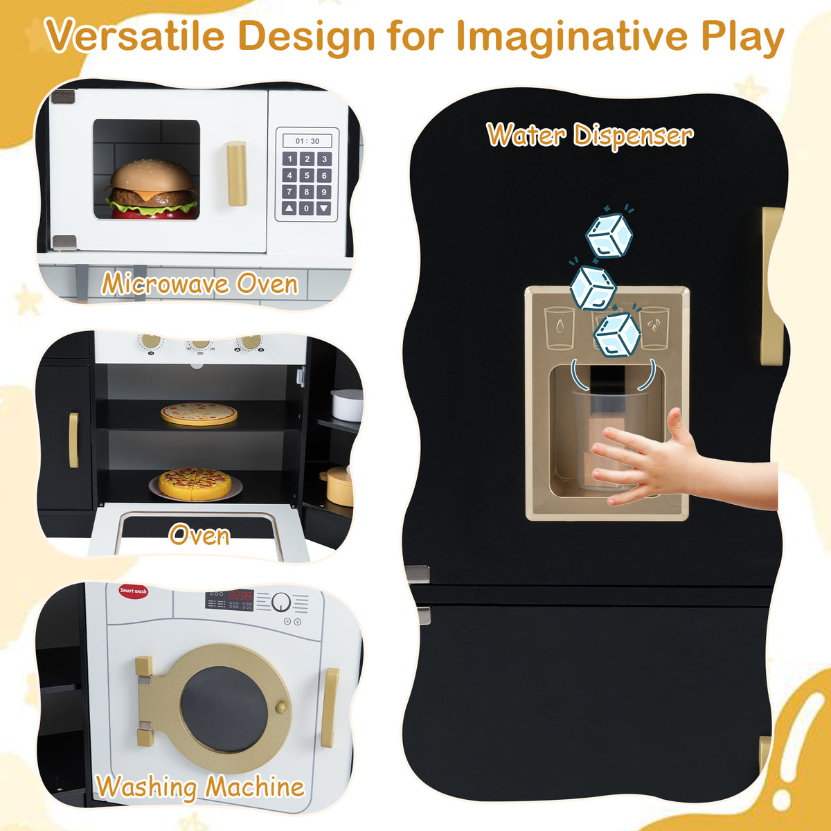 Wooden Corner Play Kitchen with Sounds and Lights-Black