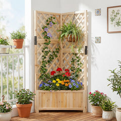 Corner Raised Garden Bed with Lattice Trellises Drainage Holes-Natural