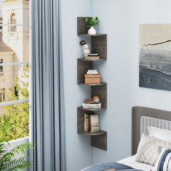 5-Tier Corner Shelf Wall Mount Floating Corner Bookshelf Corner Ladder Shelf-Grey