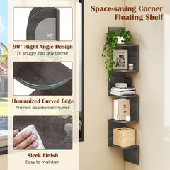 5-Tier Corner Shelf Wall Mount Floating Corner Bookshelf Corner Ladder Shelf-Grey