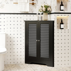 Black corner storage cabinet display unit in a bathroom setting next to a toilet