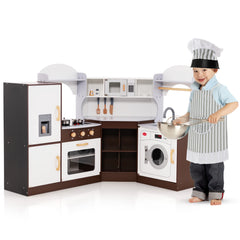 Corner Wooden Play Kitchen with Lights and Sounds for Toddlers