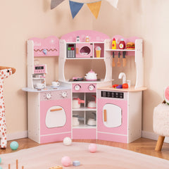 Kids Corner Wooden Play Kitchen with Coffee Machine Slide Microwave-Pink