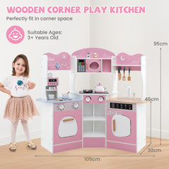 Kids Corner Wooden Play Kitchen with Coffee Machine Slide Microwave-Pink