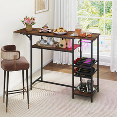 Counter Height Bar Table with LED Lights and Foldable Top-Rustic Brown