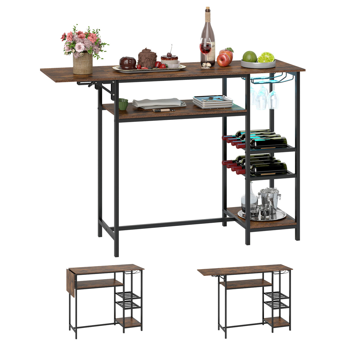 Counter Height Bar Table with LED Lights and Foldable Top-Rustic Brown