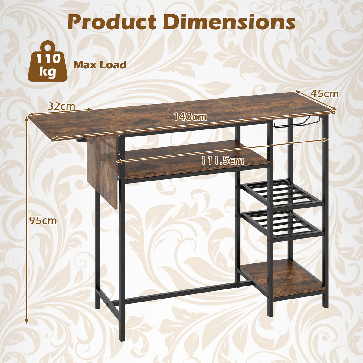 Counter Height Bar Table with LED Lights and Foldable Top-Rustic Brown