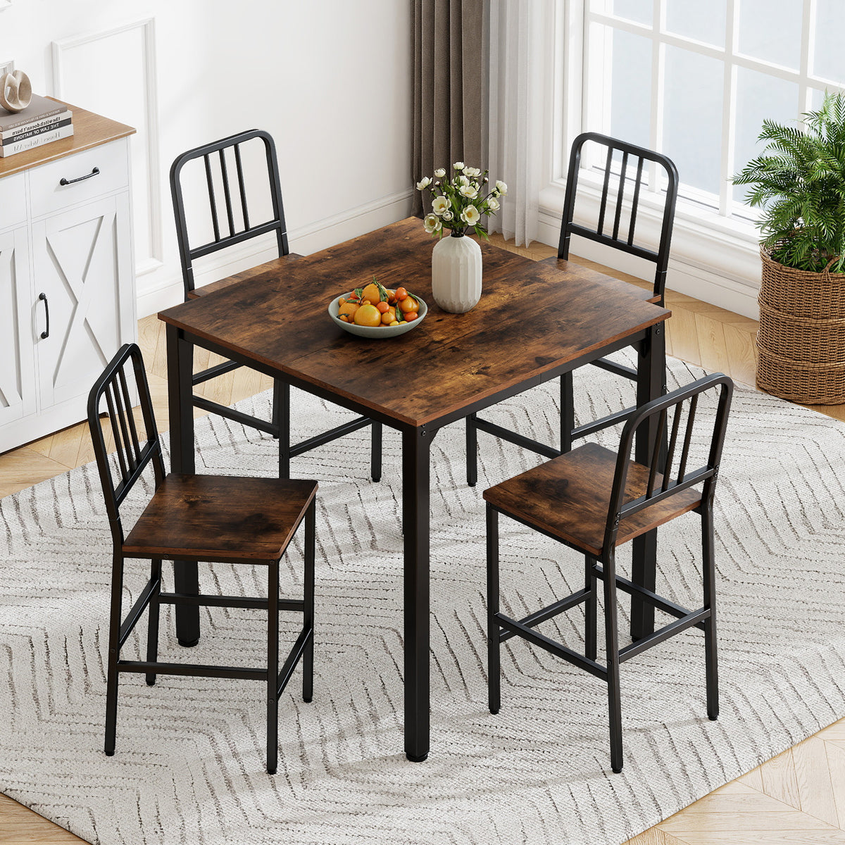 Counter Height Dining Table Set for 4 Kitchen Bar Table and Chairs Set with Faux Marble Surface-Rustic Brown
