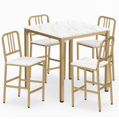 Counter Height Dining Table Set for 4 Kitchen Bar Table and Chairs Set with Faux Marble Surface-White