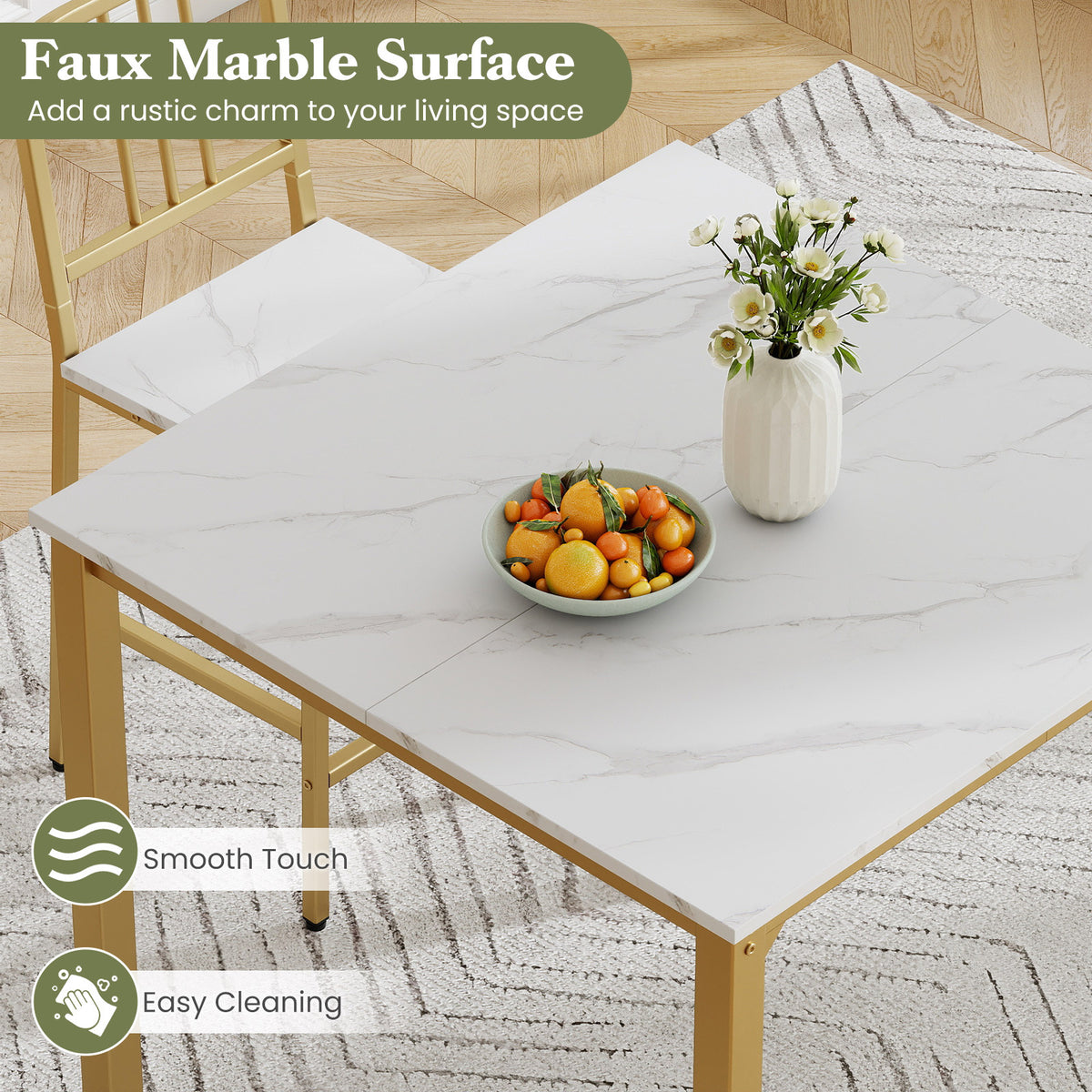 Counter Height Dining Table Set for 4 Kitchen Bar Table and Chairs Set with Faux Marble Surface-White