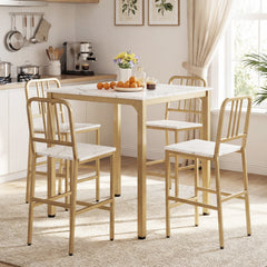 Counter Height Dining Table Set for 4 Kitchen Bar Table and Chairs Set with Faux Marble Surface-White