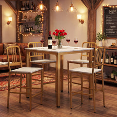 Counter Height Dining Table Set for 4 Kitchen Bar Table and Chairs Set with Faux Marble Surface-White