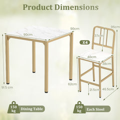 Counter Height Dining Table Set for 4 Kitchen Bar Table and Chairs Set with Faux Marble Surface-White