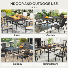 Outsunny Garden Dining Table with Parasol Hole, Patio Table with Steel Frame and Slat Tabletop, Black