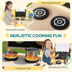 AIYAPLAY Mud Kitchen with Real Water Faucet Pretend Play Kitchen Playset with Sink and Storage Natural Wood