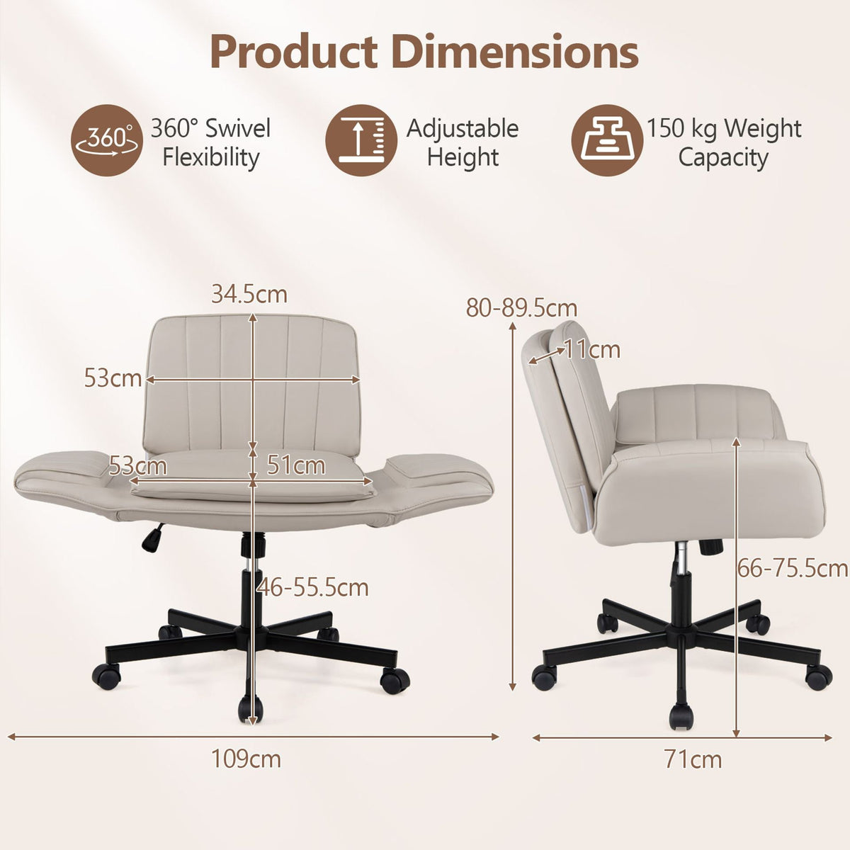 Criss Cross Office Chair with 6-Level Adjustable Arms and Wheels for Home Office-Beige
