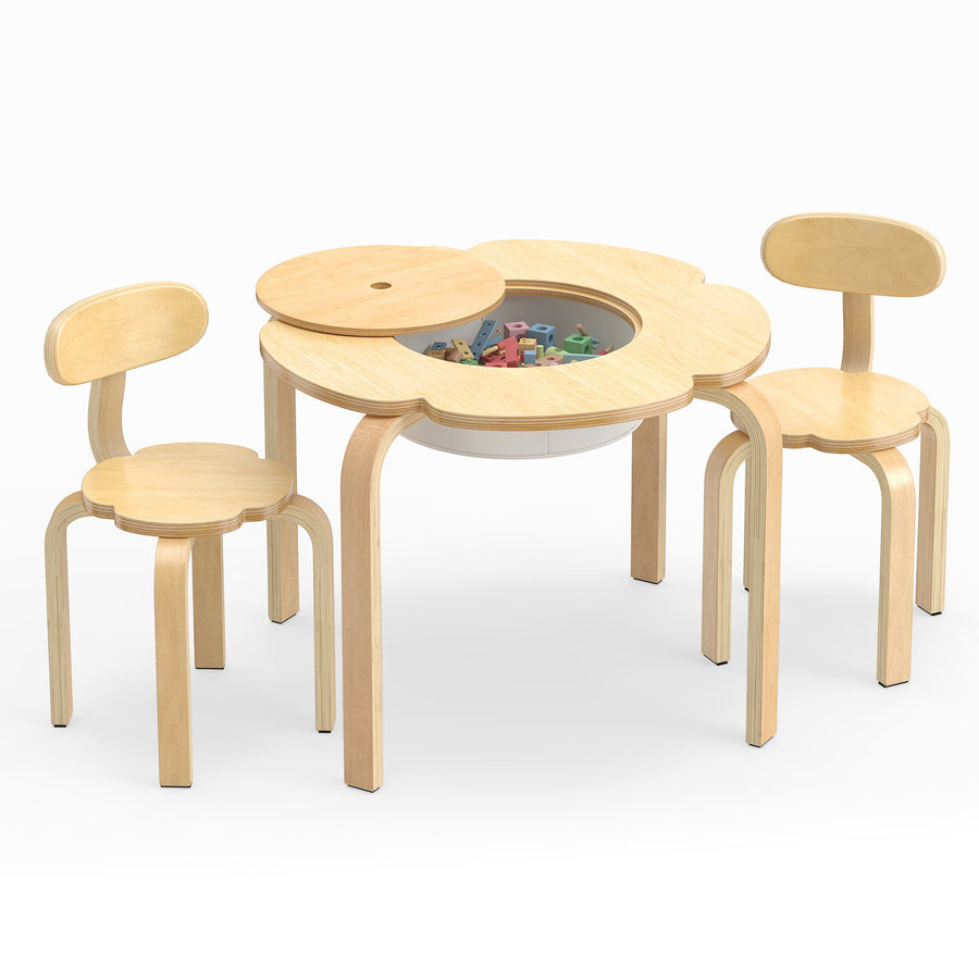 Cute Flower-Shaped Kids Table and 2 Chairs Set with Fabric Storage Bin-Natural
