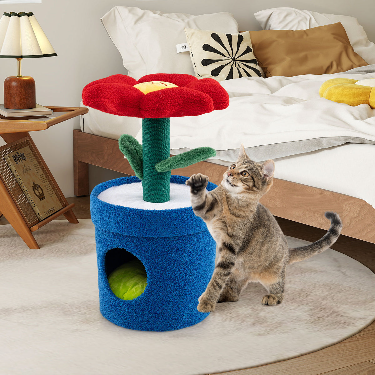 Cute Cat Tree for Indoor Cats with Flower Padded Perch and Planter Condo-Red