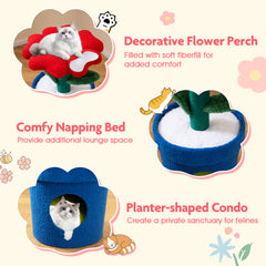 Cute Cat Tree for Indoor Cats with Flower Padded Perch and Planter Condo-Red