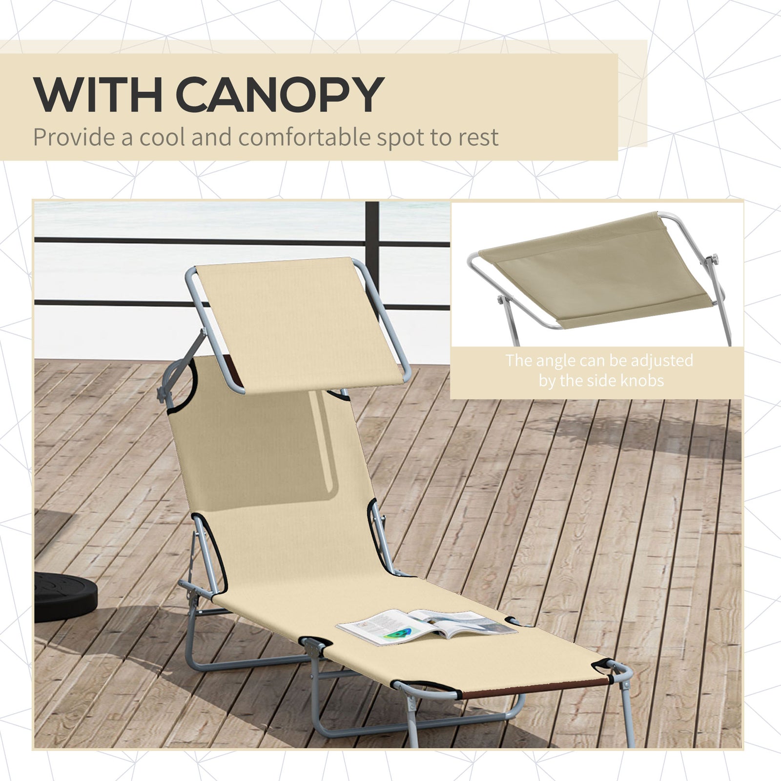 Outsunny Folding Sun Lounger with Canopy, Reclining Sunbed with 4-Position Adjustable Backrest, 600D Oxford Cloth, Portable Garden Lounger Recliner Chair for Beach, Camping, Patio, Beige