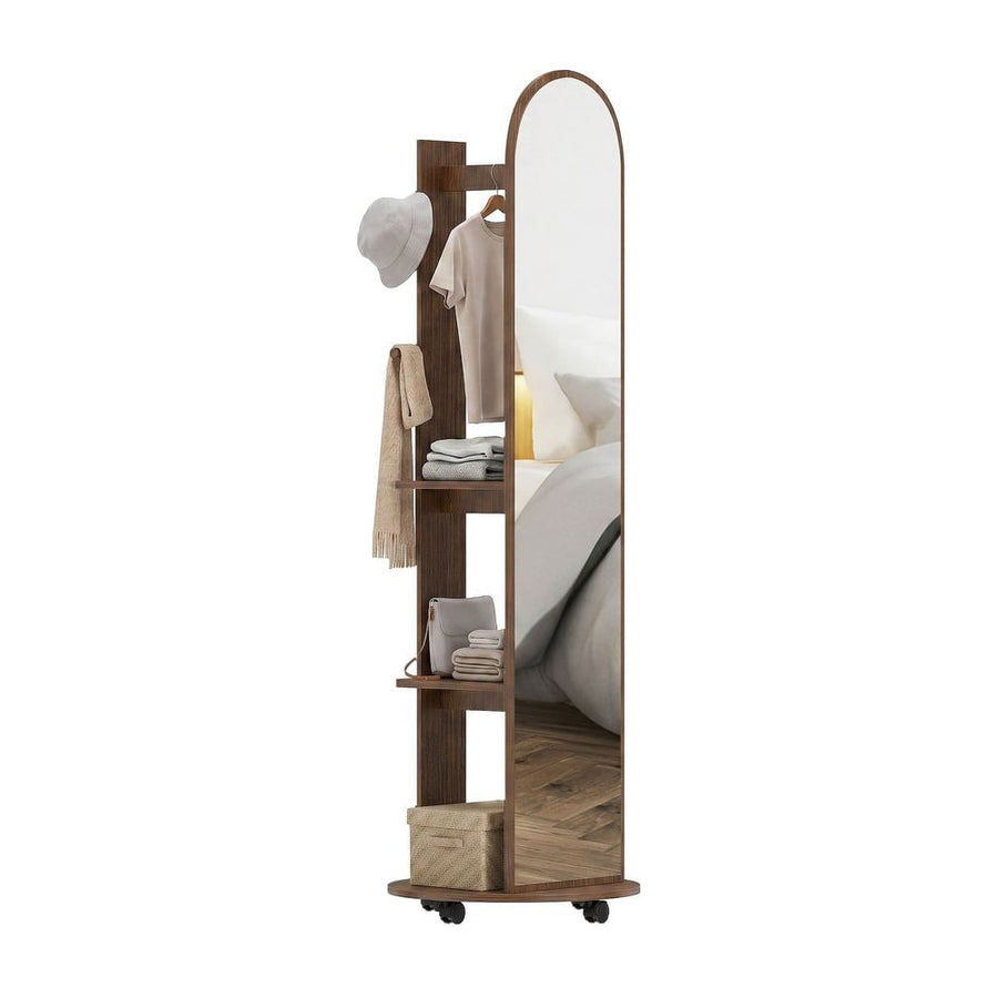 HOMCOM 2-in-1 Full Length Mirror with Storage Shelves, Floor Mirror with 4 Wheels, Coat Rack, Hooks, Brown Wood Effect