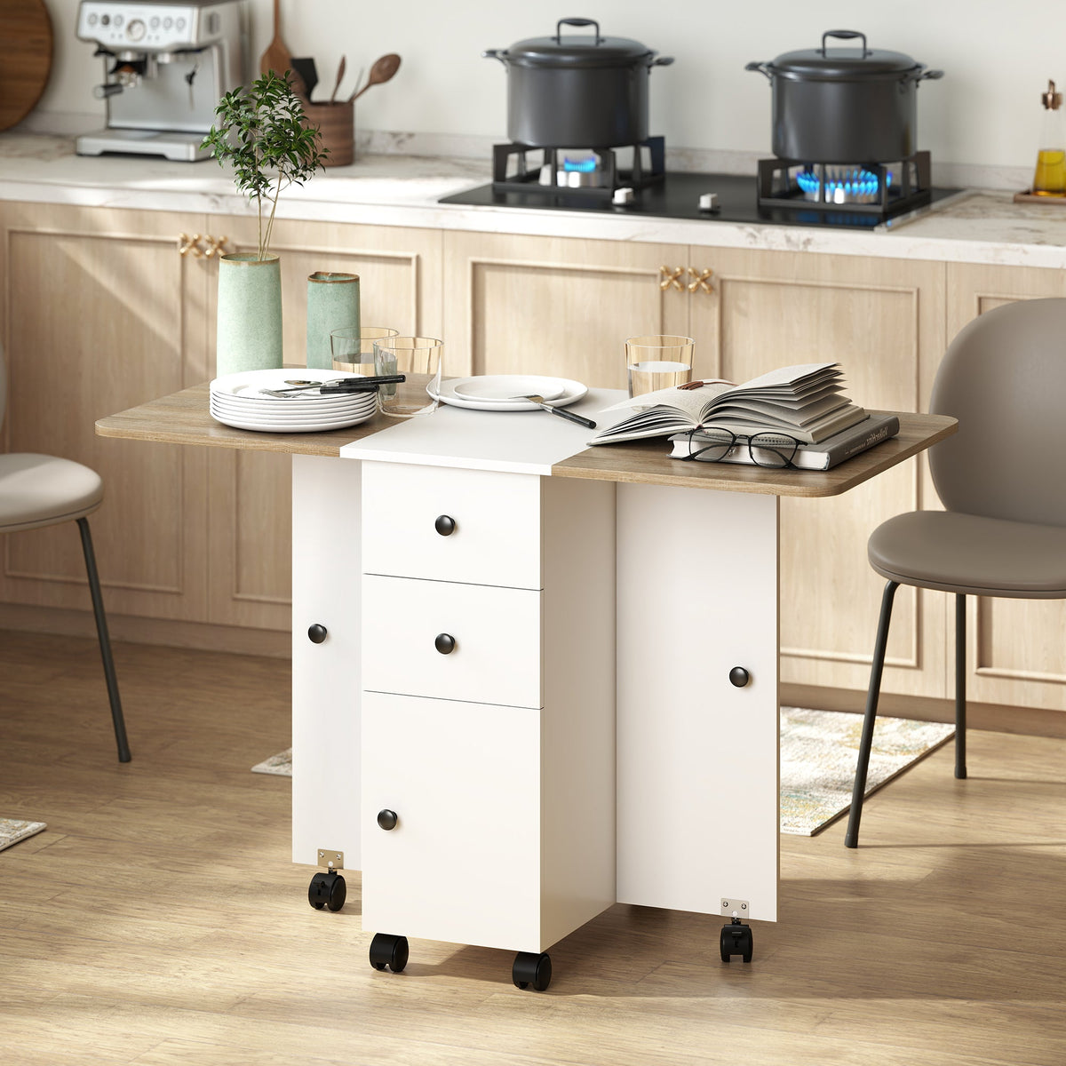 HOMCOM Multi-Storage Six-Person Drop Leaf Dining Table - Oak and White
