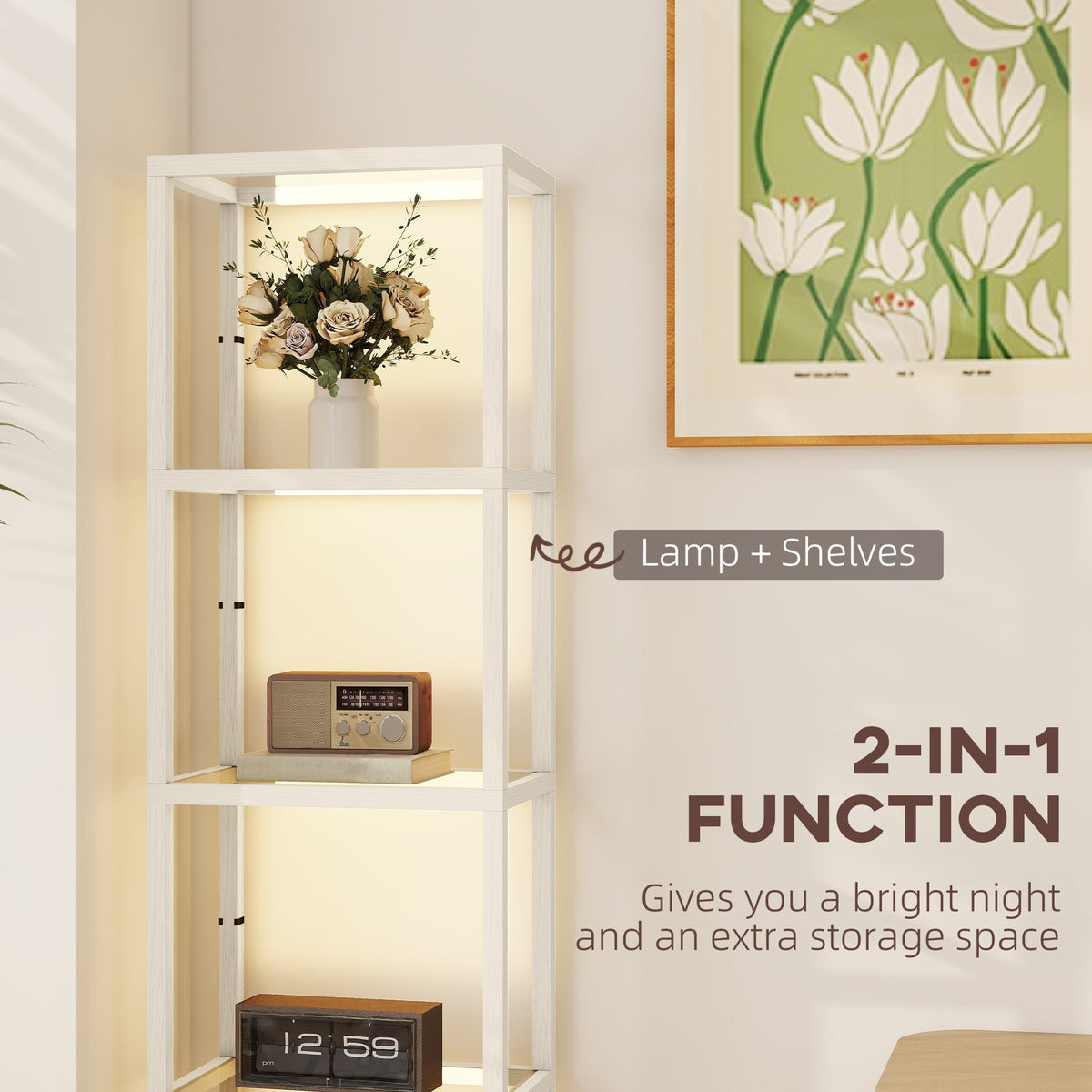 HOMCOM LED Floor Lamp with Glass Shelves, 4 Layers Dimmable Tall Standing Lamp, Modern Column Shelf Floor Light for Living Room, Bedroom, Office, Oak