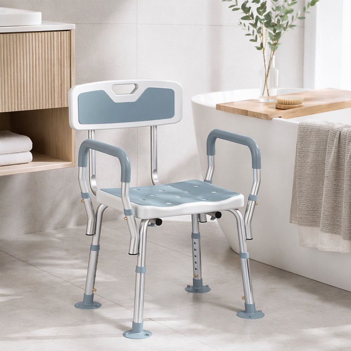 HOMCOM EVA Padded Shower Chair for the Elderly and Disabled, Height Adjustable Shower Stool with Back and Arms, 4 Suction Foot Pads, Light Blue
