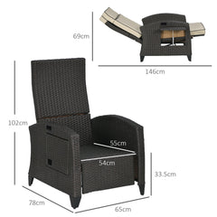 Outsunny Outdoor Recliner Chair with Adjustable Backrest and Footrest, Cushion, Side Tray, Khaki/Brown