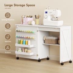 HOMCOM Folding Sewing Table, Rolling Craft Table with Storage compartments, Shelf and Lockable Casters for Small Spaces, White
