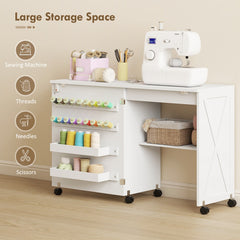 the craft table with large storage space and sewing supplies