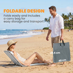 Outsunny Set of 2 Foldable Garden Beach Chair Mat Lightweight Outdoor Sun Lounger Seats Adjustable Back Metal Frame PE Fabric Head Pillow w/ Carry Bag, Light Grey