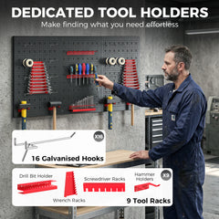 HOMCOM 28 Pcs Wall-Mounted Pegboard with 3 Boards, Garage Tool Storage Unit Black and Red