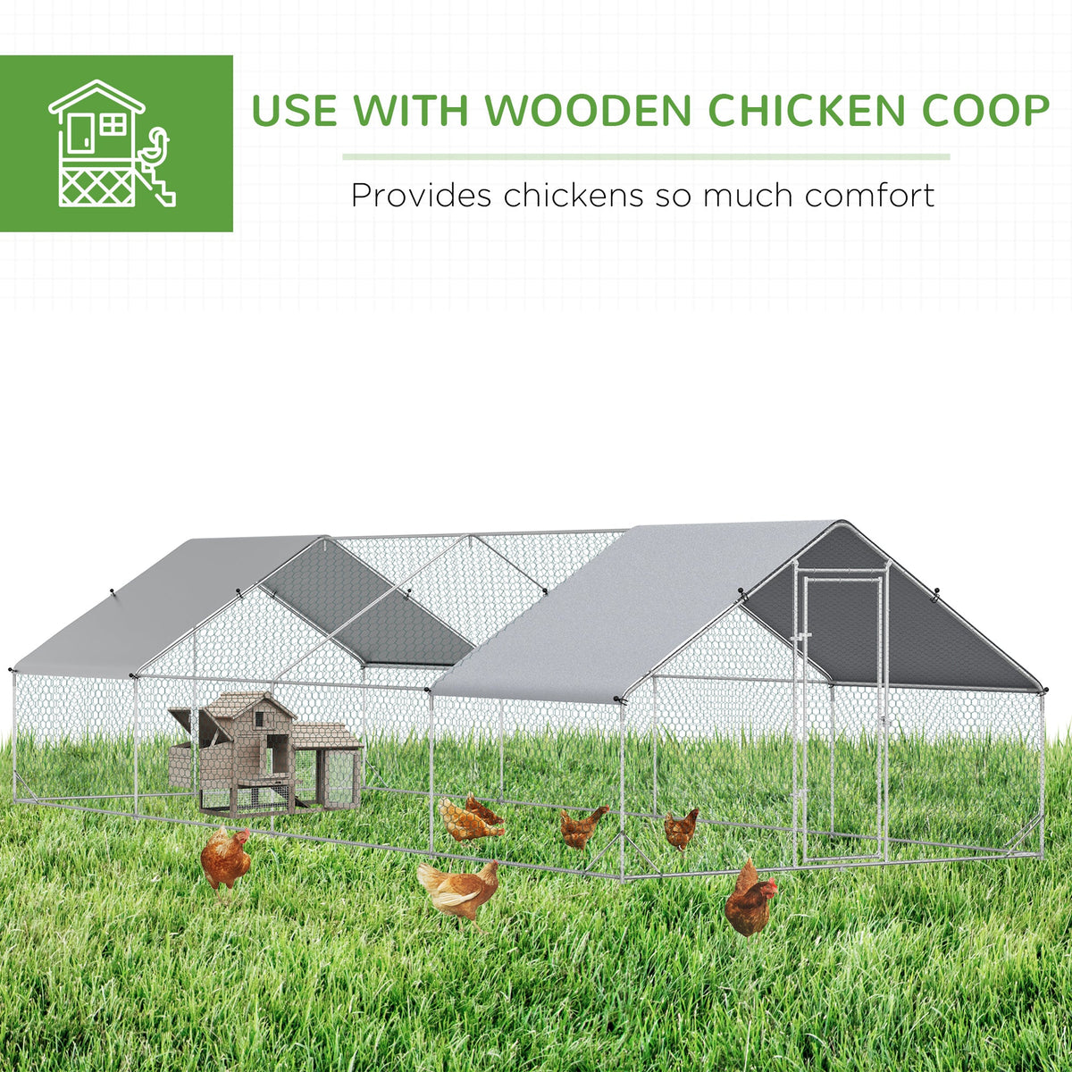 PawHut Chicken Run Galvanised Walk-in Chicken Coop Hen Poultry House Cage Rabbit Hutch with Water-Resist Cover, 3 x 8 x 2m