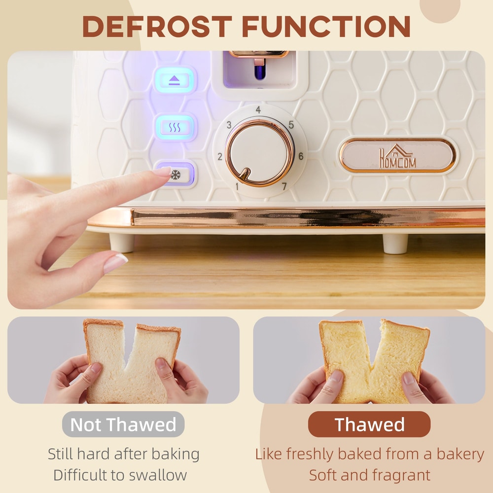 Demonstration of the defrost function on the white honeycomb toaster with bread slices
