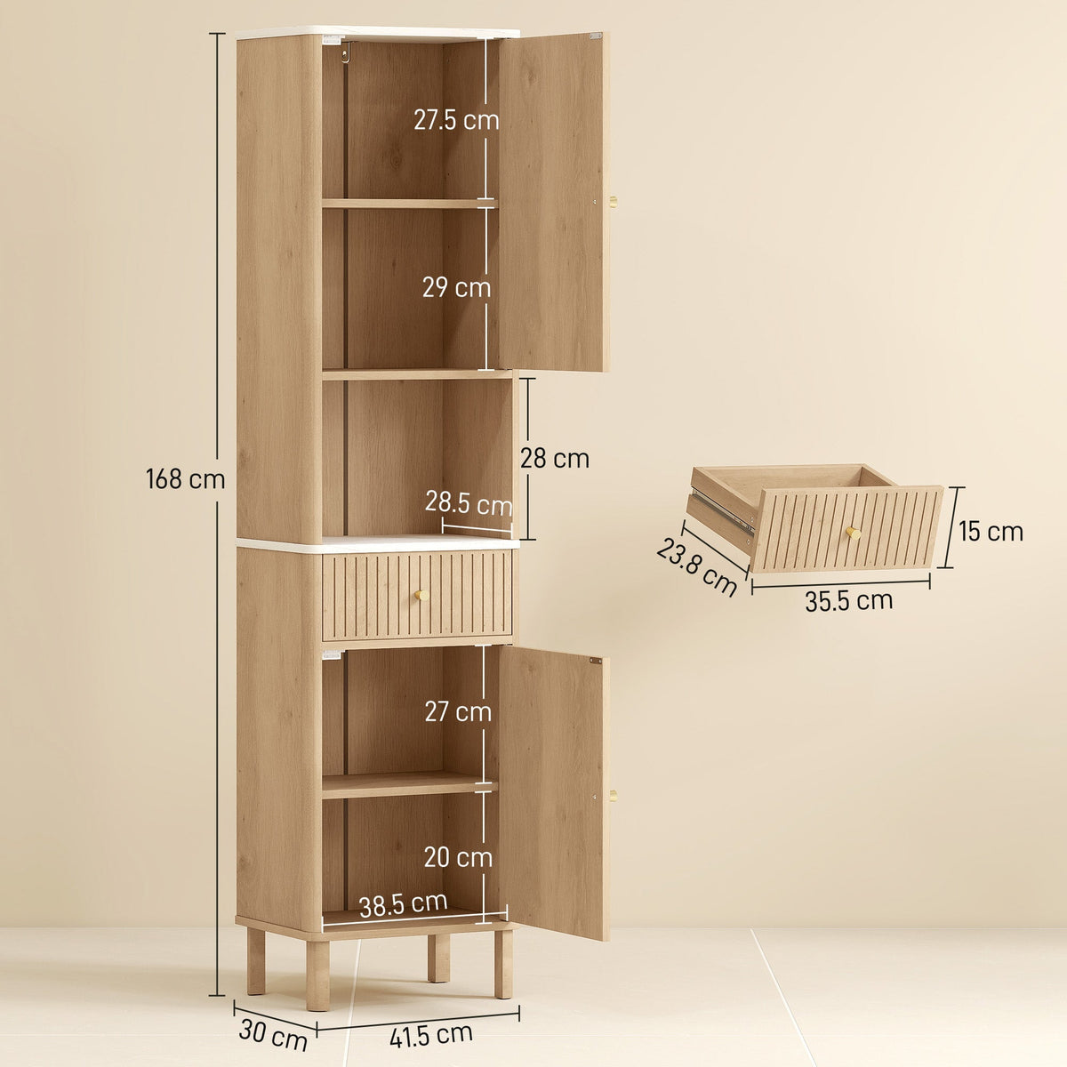 HOMCOM Slim Bathroom Cabinet with Silent Drawer Rail for Scandinavian, Japanese Styles - Wood-Effect