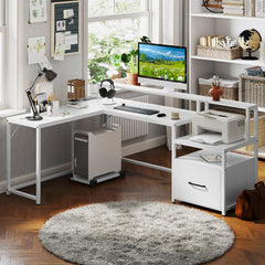 White L-shaped desk with computer, printer and accessories in a home office setting