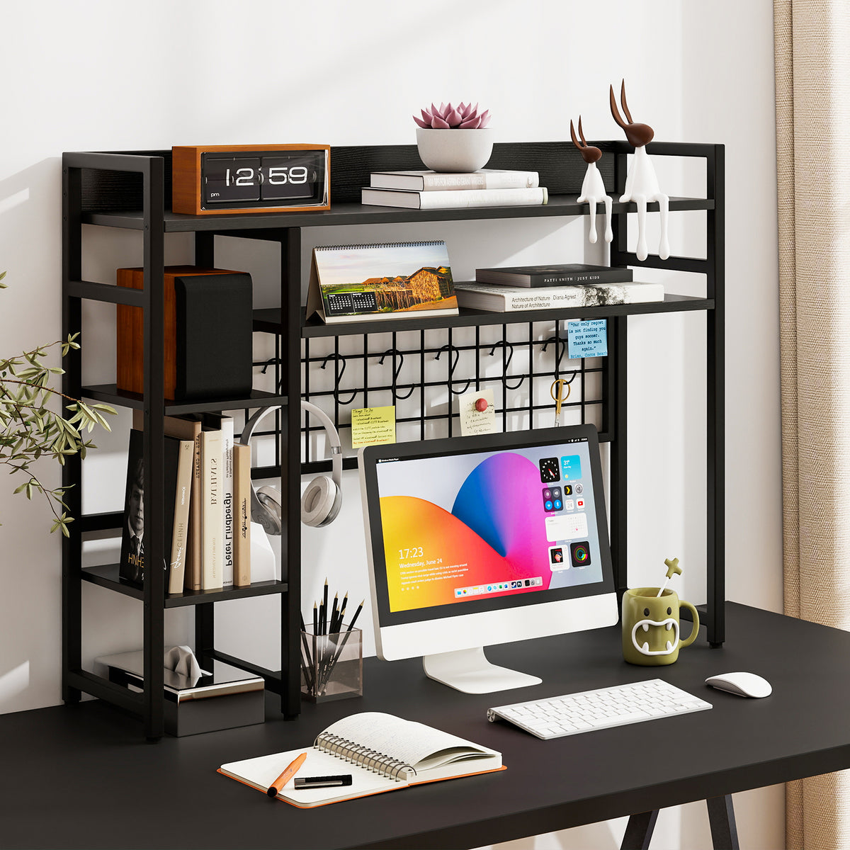 Desktop Bookshelf with 4 Open Storage Shelves for Computer Monitor Up to 32 Inch-Black