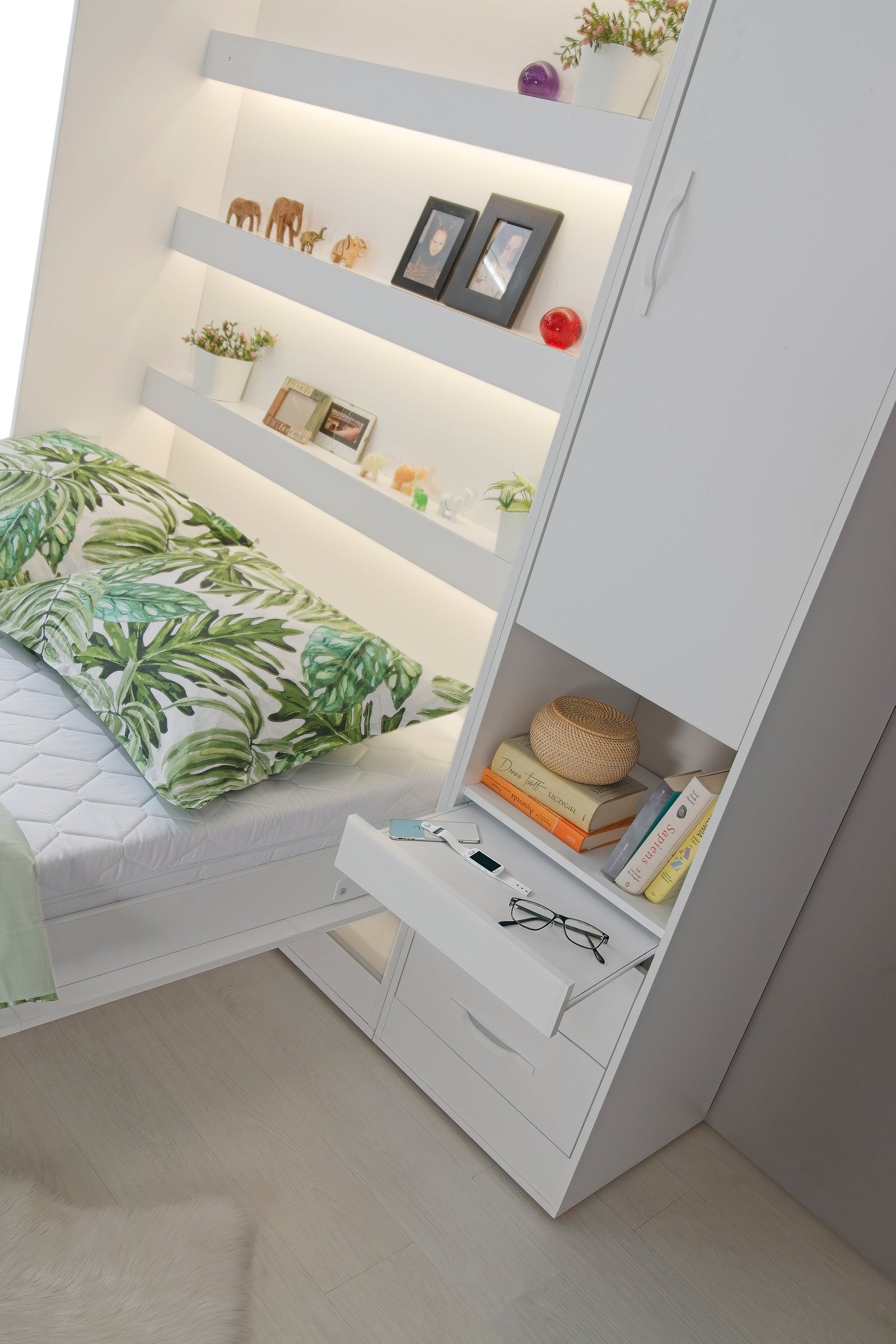 SPACEO Vertical Wall Bed 140x200 White / White Handles