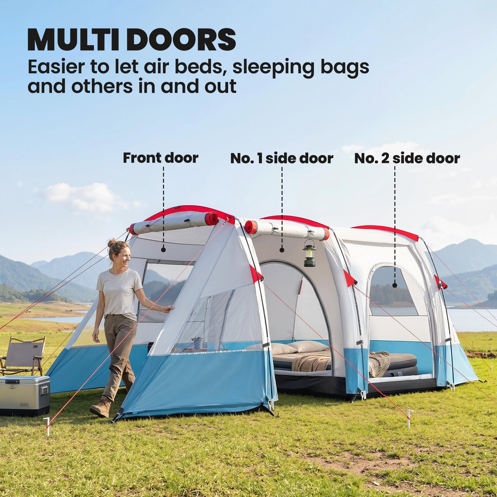 Outsunny 3 Person Tunnel Tent, Large Camping Tent with Bedroom, Living Room, Sewn-in Floor, 3 Doors, Carry Bag, 2000mm for Fishing, Hiking, Sports, Travelling, 510L x 240W x 180H cm, Blue