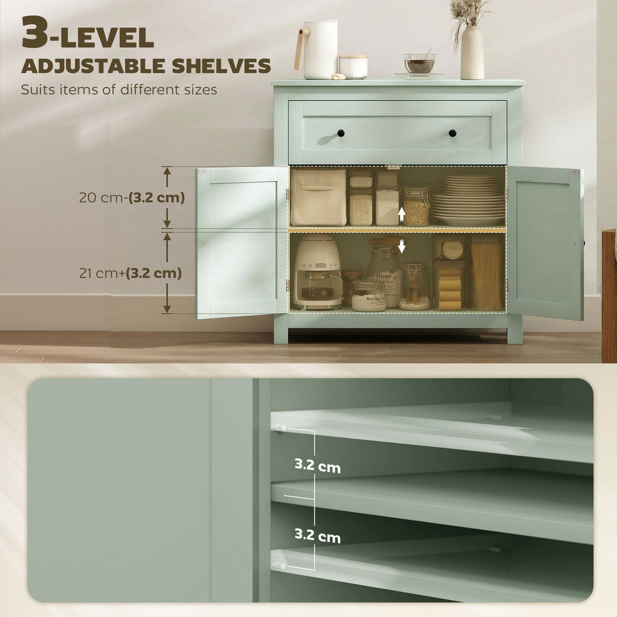 HOMCOM Sideboard Storage Cabinet, Modern Kitchen Cupboard with Adjustable Shelf, Drawer and Double Doors, Green