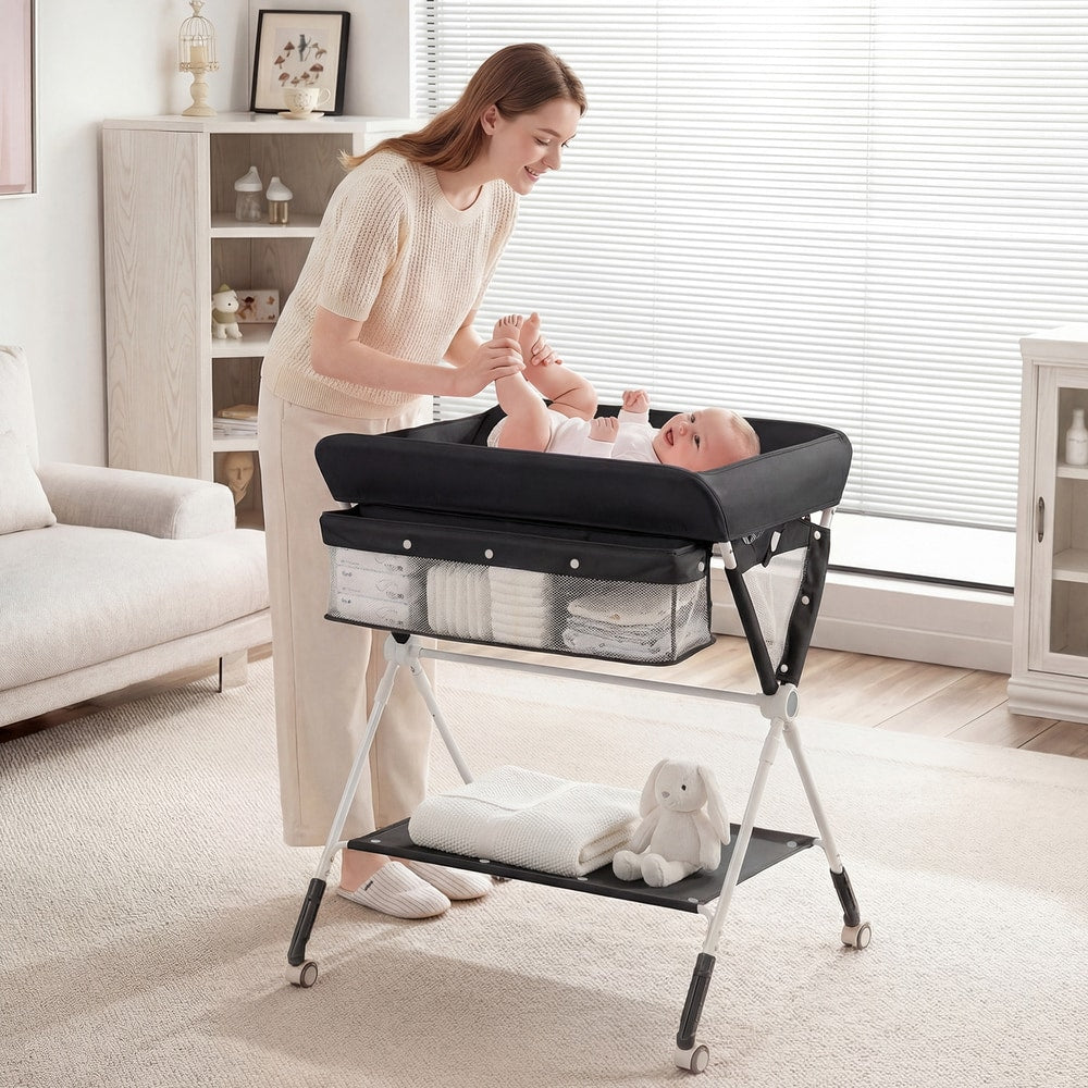 Woman changing a baby on the changing table in a nursery room