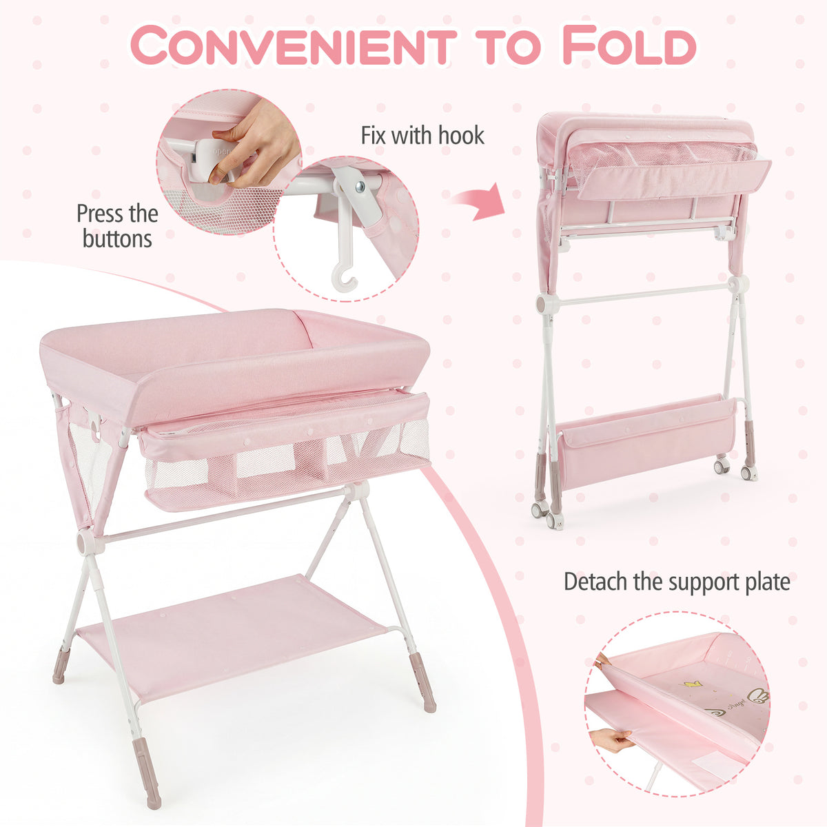 Pink changing table being folded with instructions on how to do it